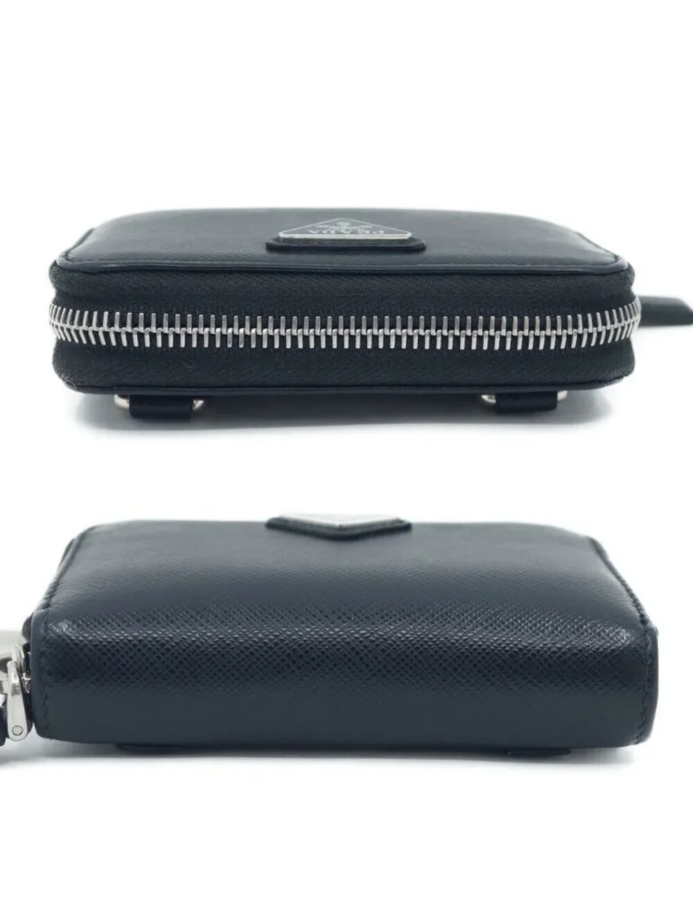 Prada Shoulder Card Slot Coin Purse Leather Coinverse Black Silver